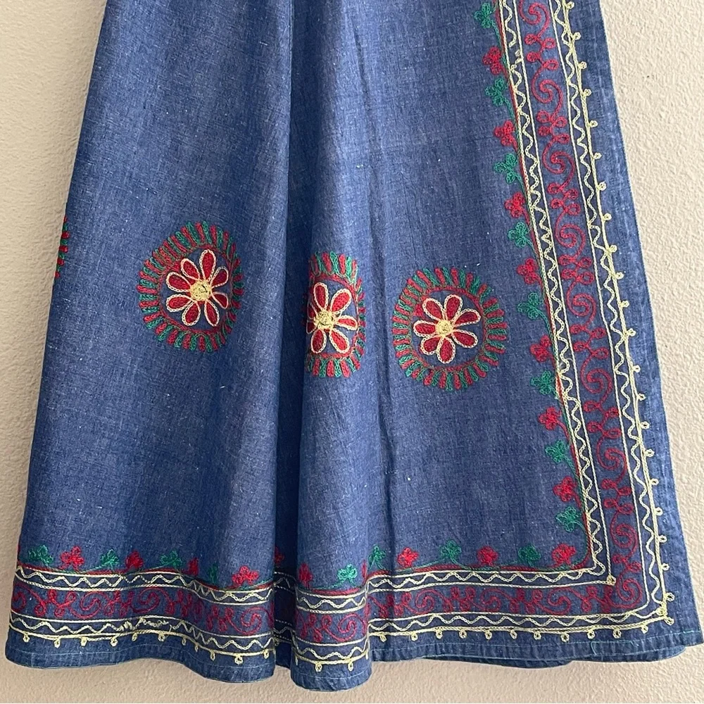 VINTAGE Embroidered Blue Denim Wrap  Boho Maxi Skirt‎ - Picture 7 of 16
